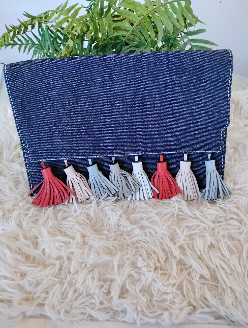 Rebecca Minkoff Denim Clutch with Multi Tassels
